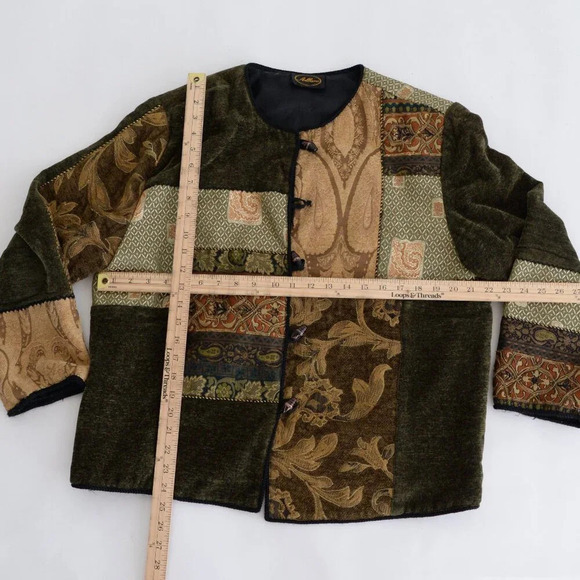 Vintage Allure Olive Green Brown Patchwork Tapestry Button Up Jacket M - Picture 4 of 11
